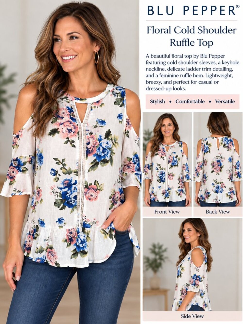 Blu Pepper Women’s Medium Floral Cold Shoulder Tunic Blouse White Blue Pink